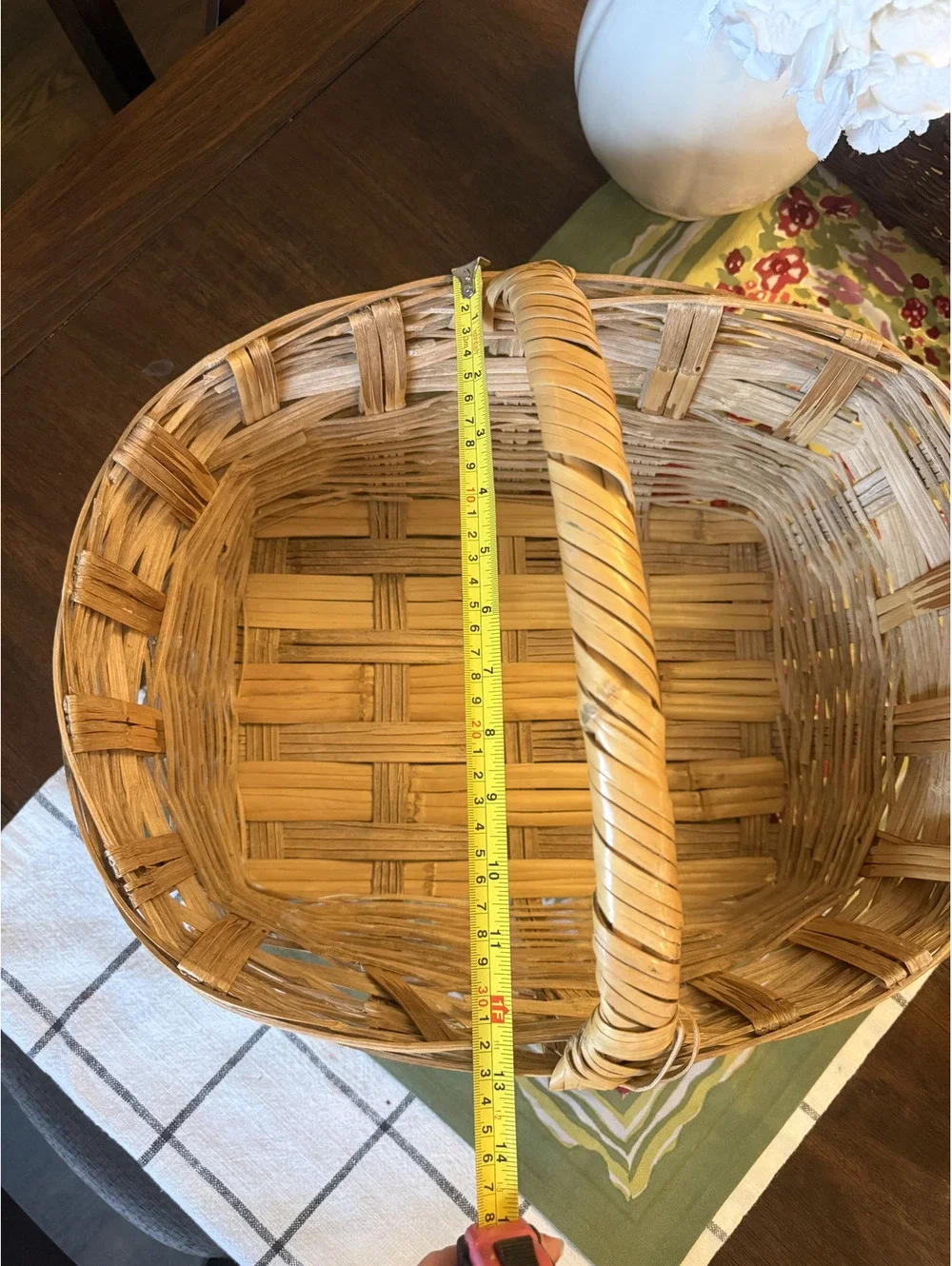 Vintage Handwoven Wicker Basket with Fixed Overhead Handle - Natural Reed/Rattan